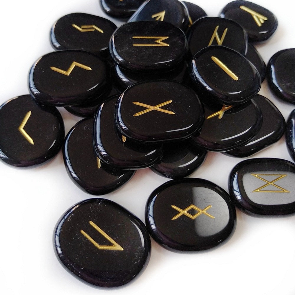 Natural Black Obsidian Rune Stones Set - 25 pcs