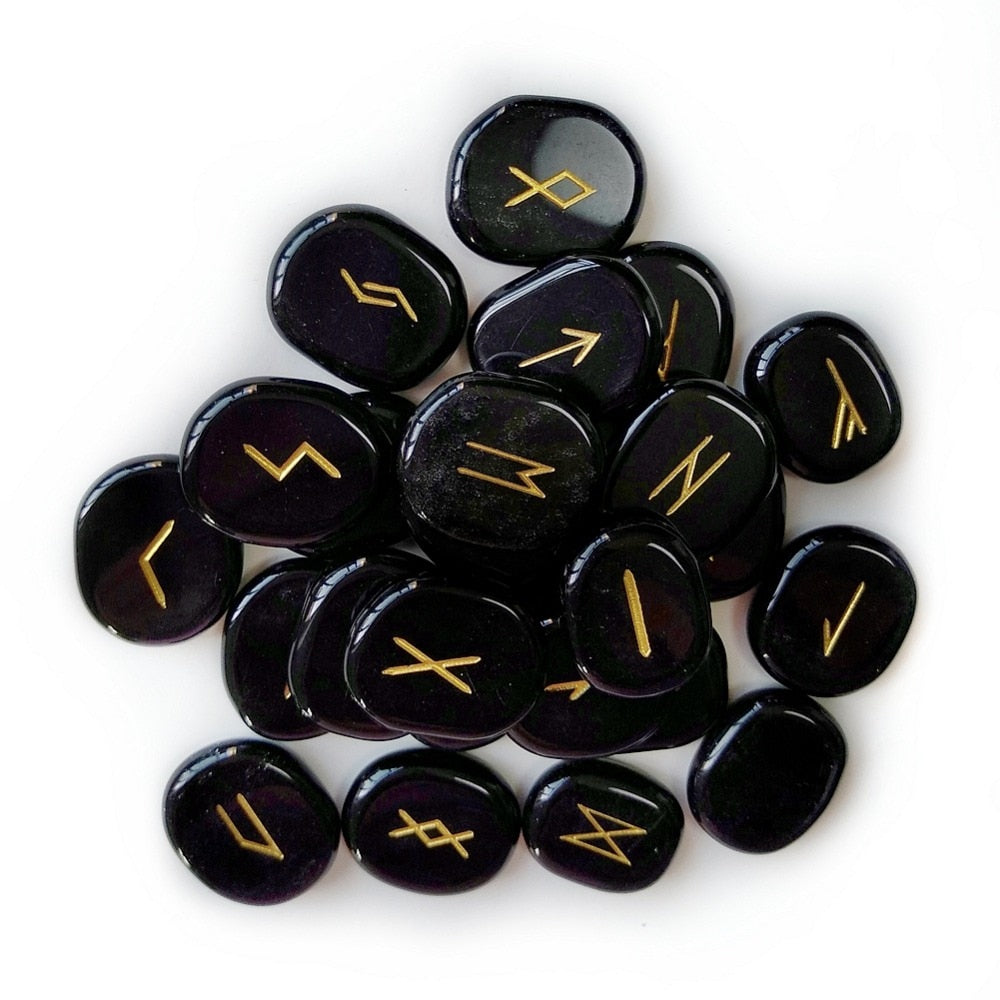 Natural Black Obsidian Rune Stones Set - 25 pcs