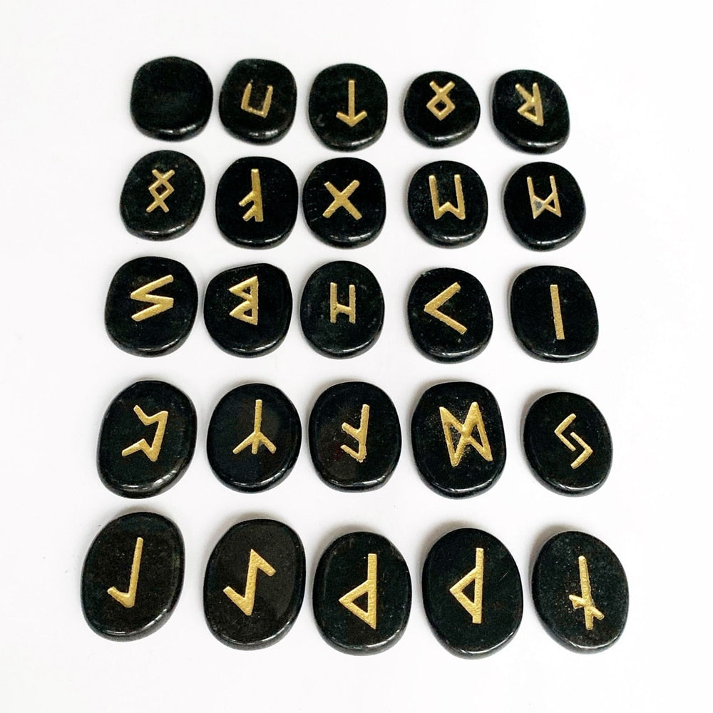 Natural Black Obsidian Rune Stones Set - 25 pcs