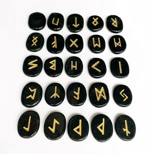 Natural Black Obsidian Rune Stones Set - 25 pcs