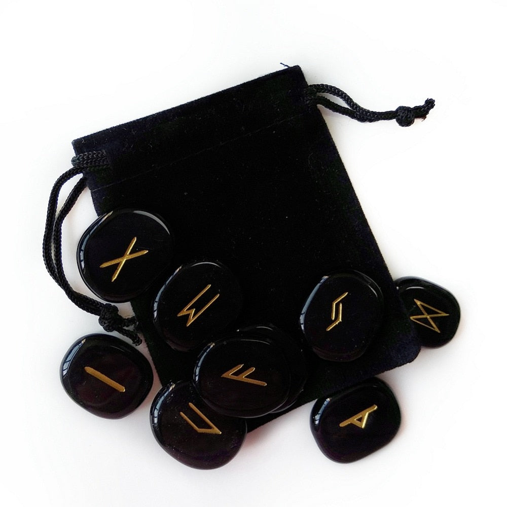 Natural Black Obsidian Rune Stones Set - 25 pcs