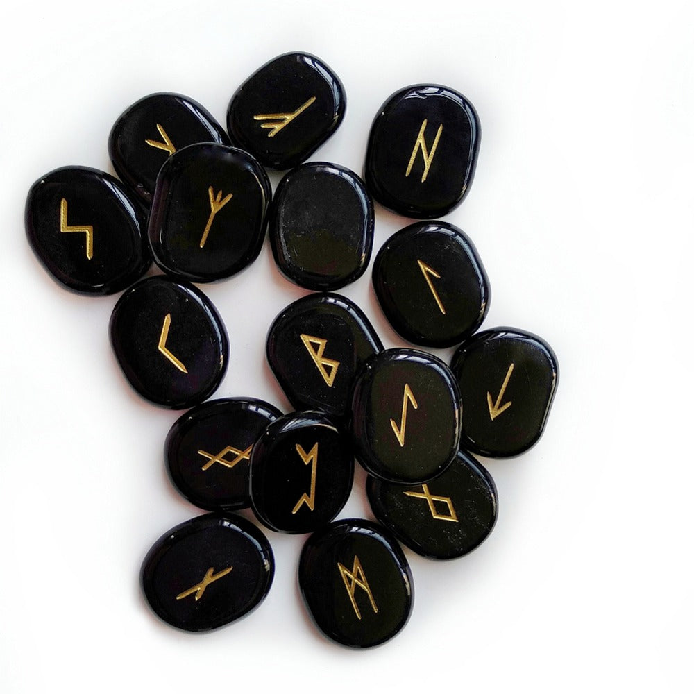 Natural Black Obsidian Rune Stones Set - 25 pcs